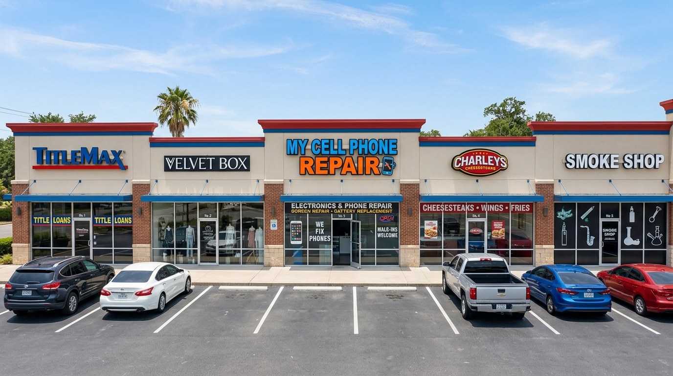 My Cell Phone Repair located in the middle between Velvet Box and Charleys Cheesesteaks in TitleMax Plaza